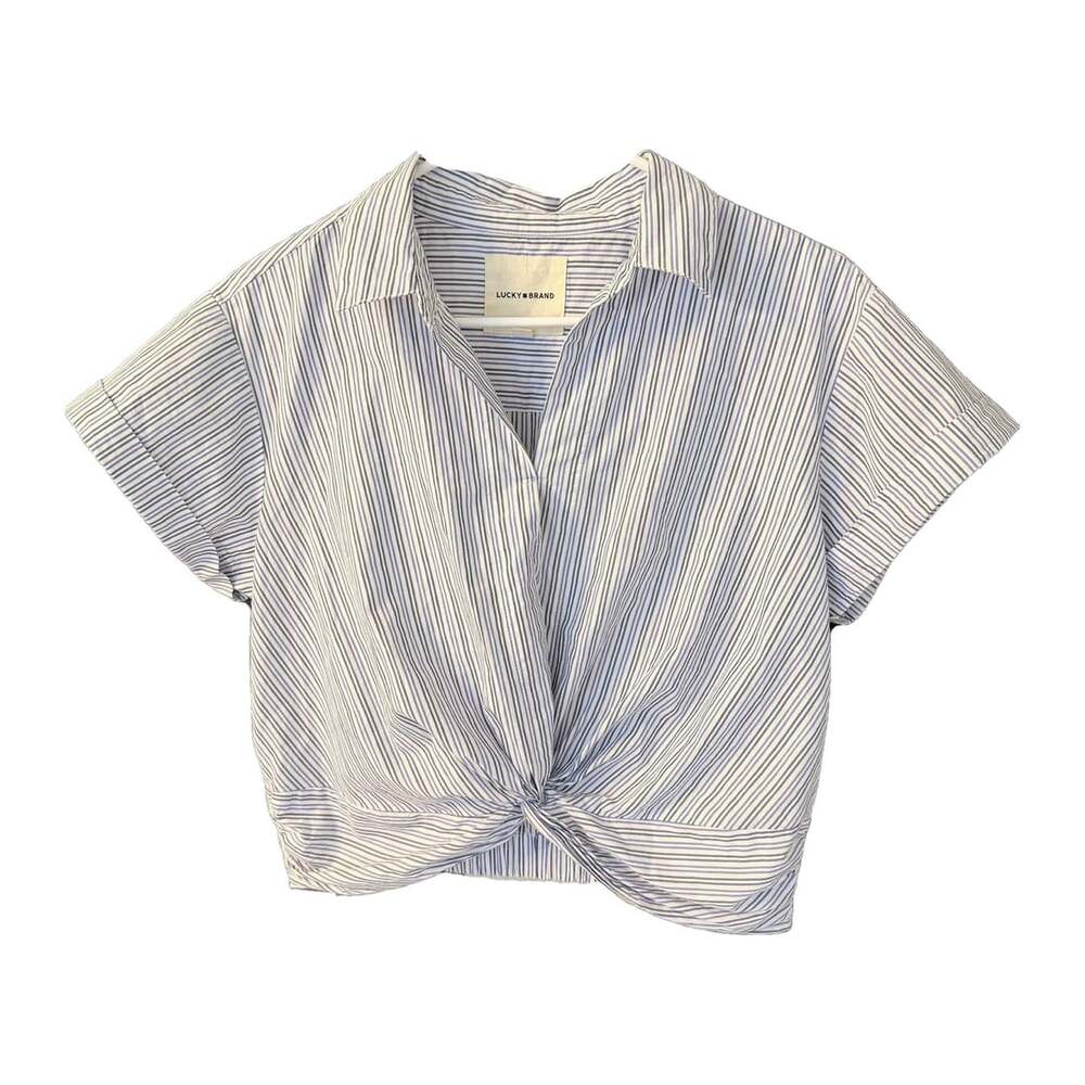 Lucky Brand Striped Twist Front Shirt Size S Blue White Cropped Blouse